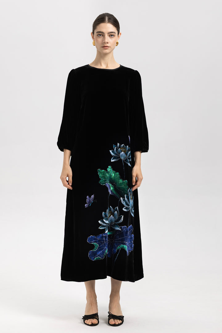 Marina Velvet Lotus Embroidered Dress