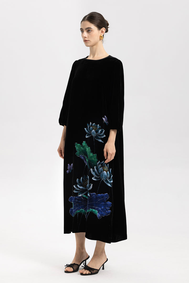 Marina Velvet Lotus Embroidered Dress