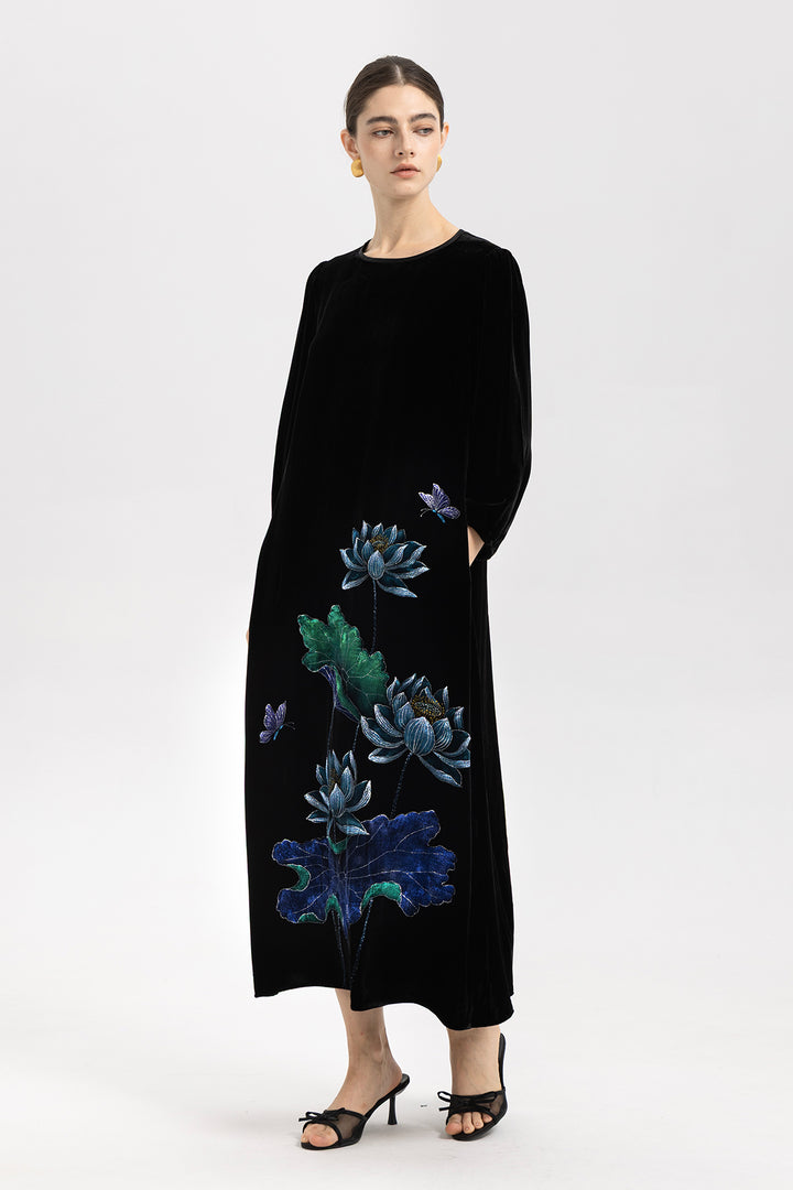 Marina Velvet Lotus Embroidered Dress