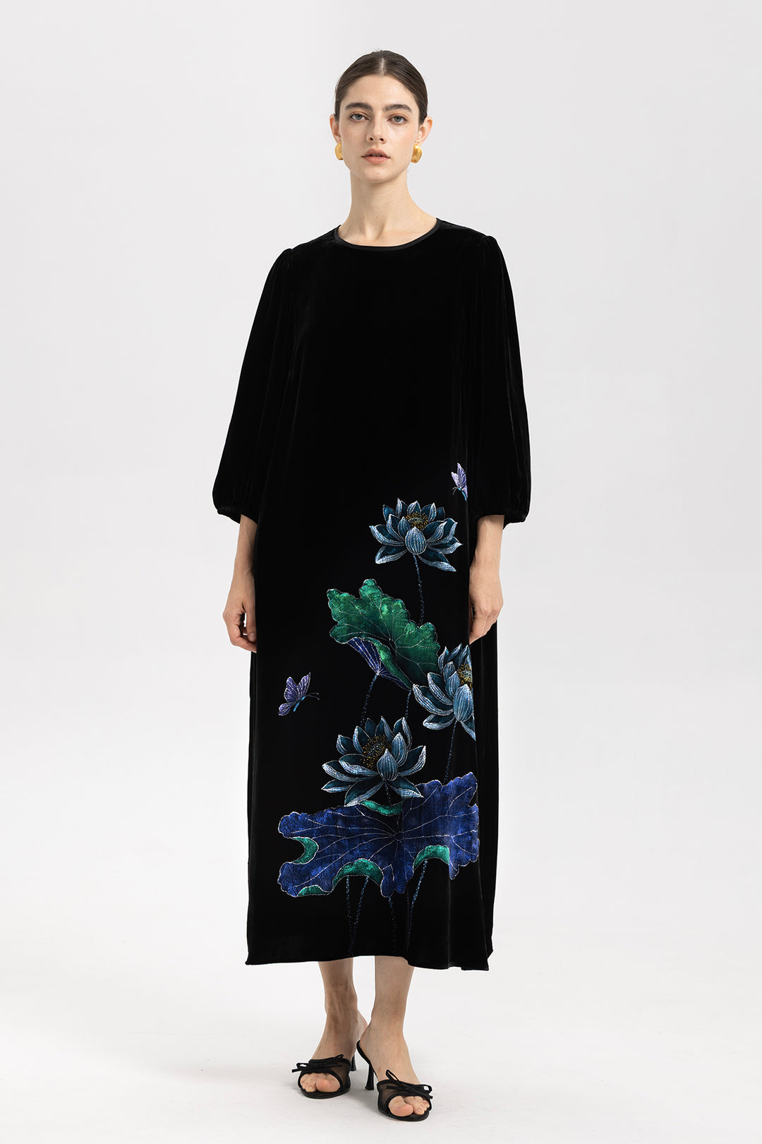 Marina Velvet Lotus Embroidered Dress
