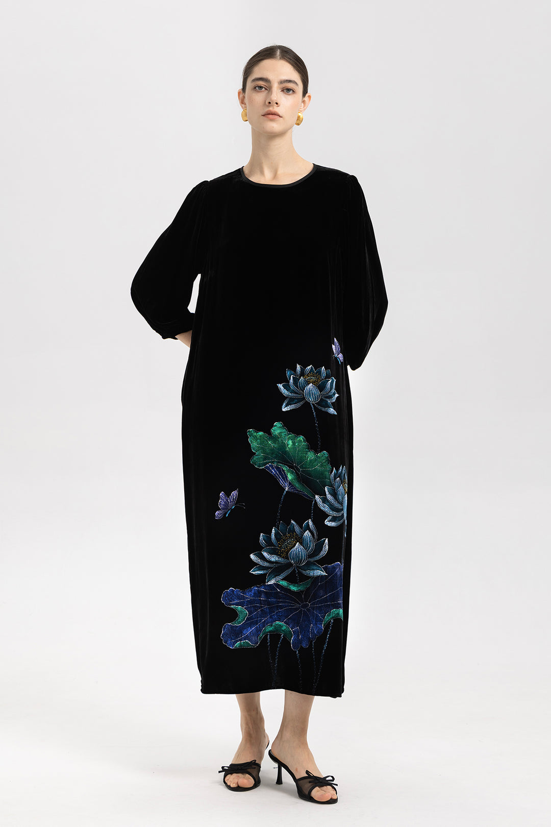 Marina Velvet Lotus Embroidered Dress