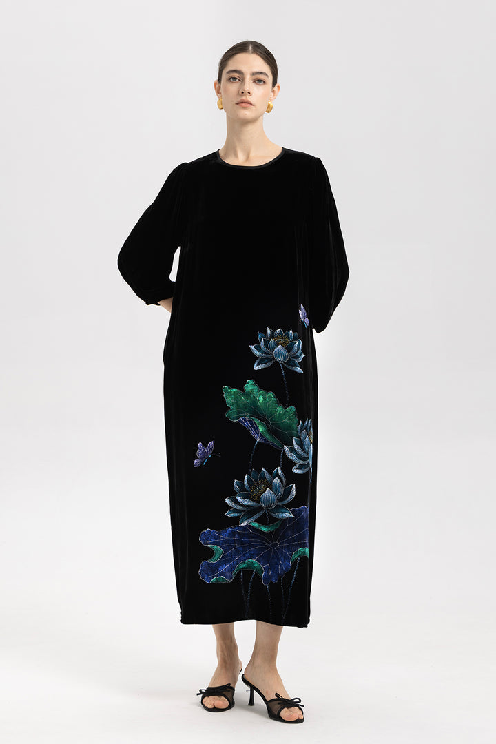 Marina Velvet Lotus Embroidered Dress