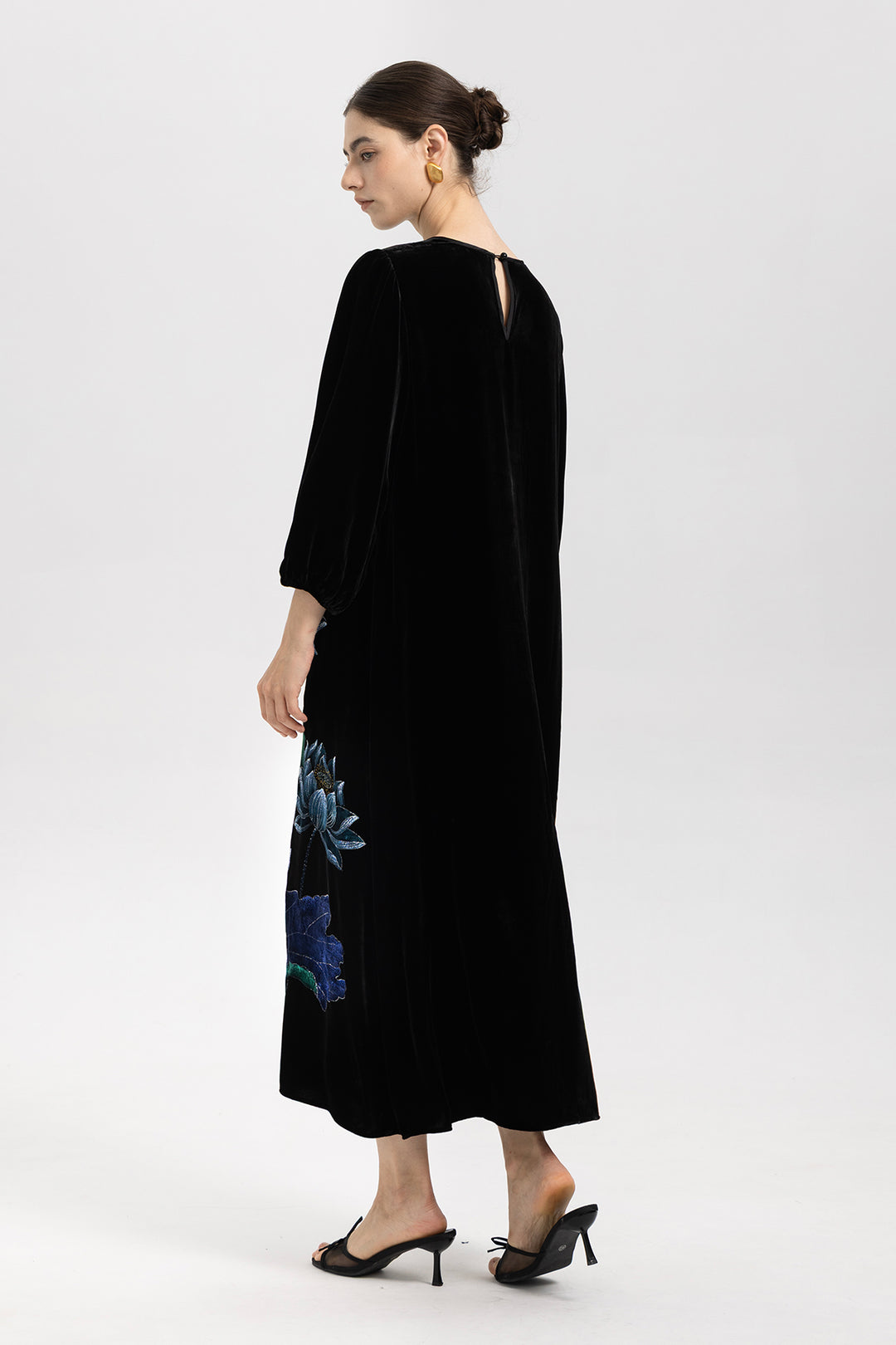 Marina Velvet Lotus Embroidered Dress