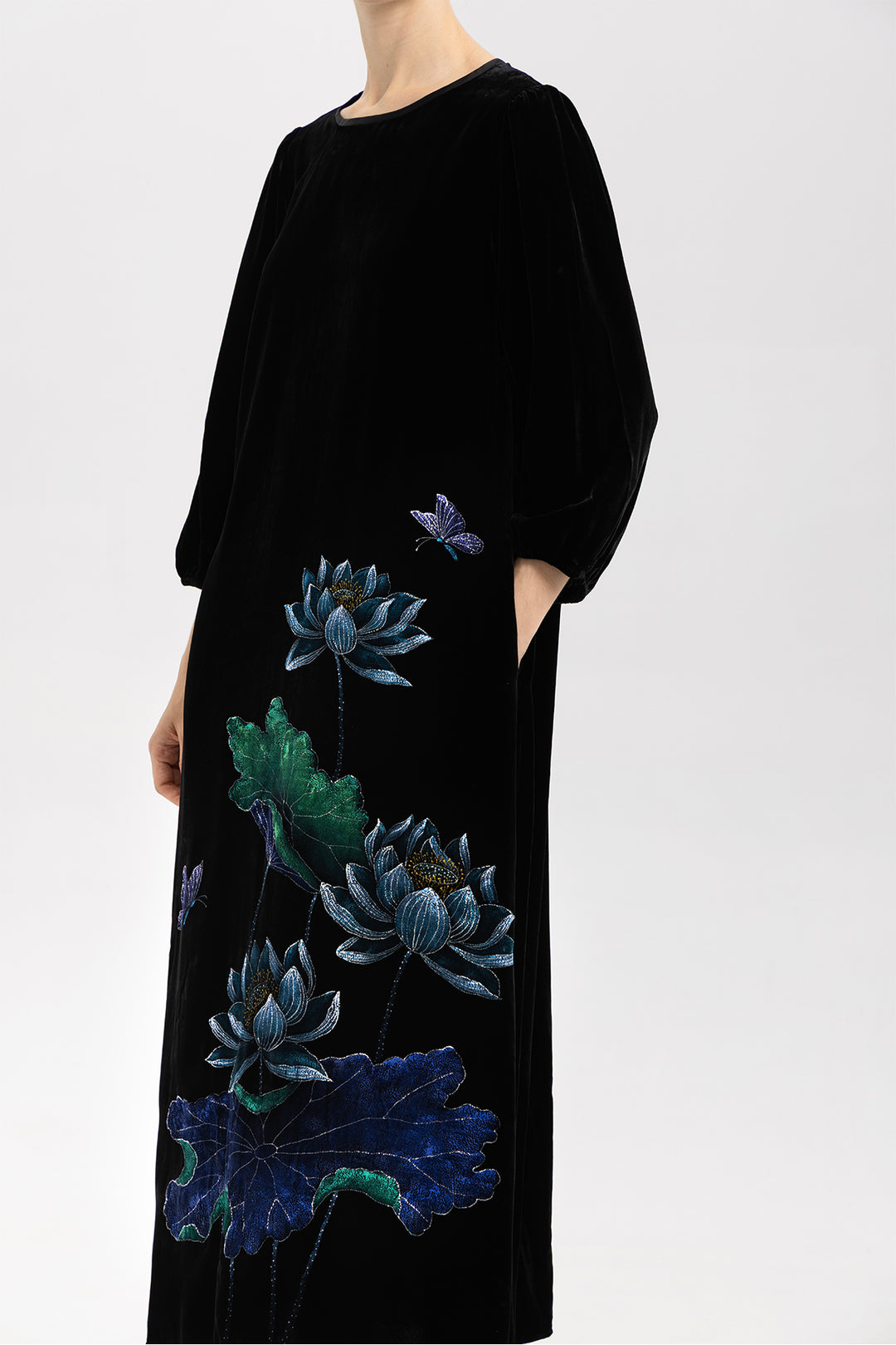 Marina Velvet Lotus Embroidered Dress