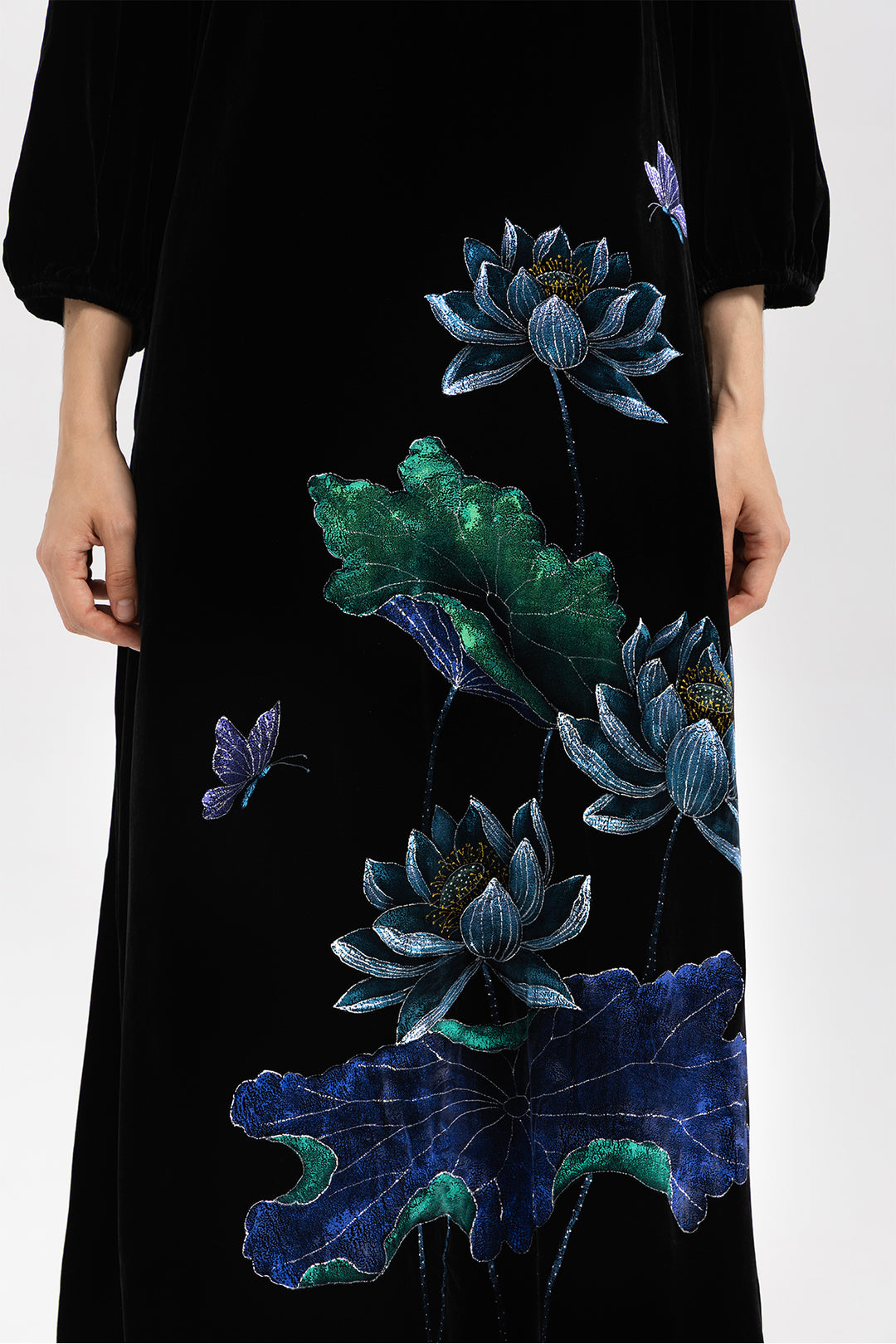 Marina Velvet Lotus Embroidered Dress