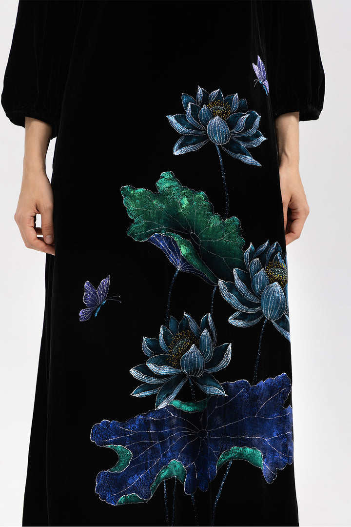 Marina Velvet Lotus Embroidered Dress