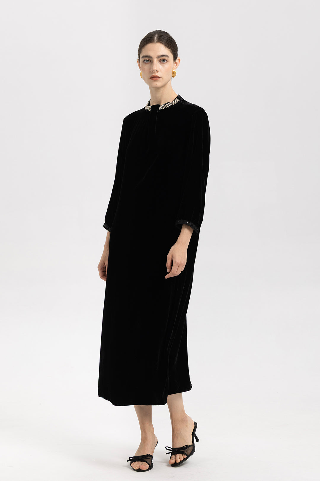 Leila Beaded Neck Velvet Midi Dress