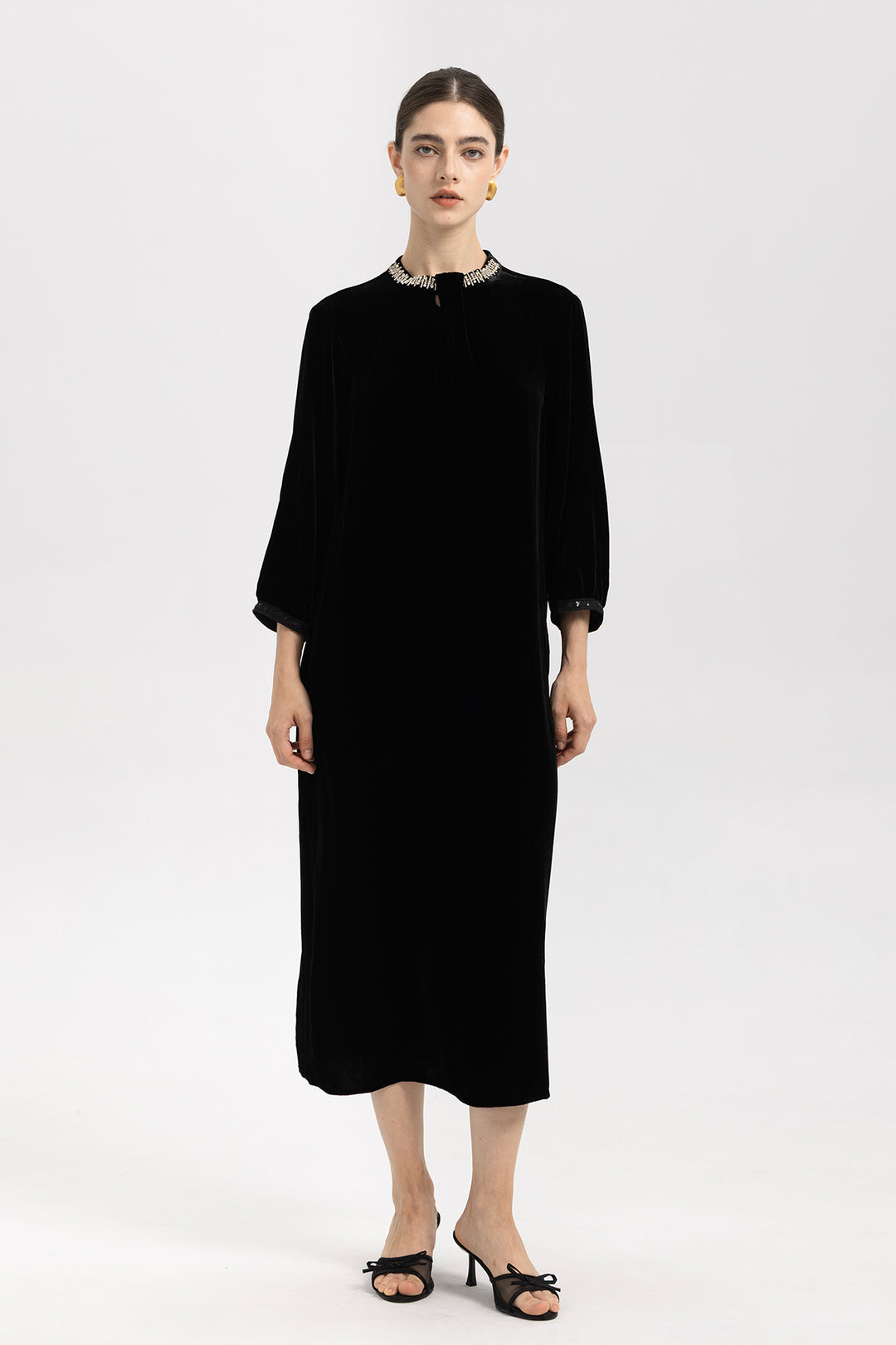 Leila Beaded Neck Velvet Midi Dress