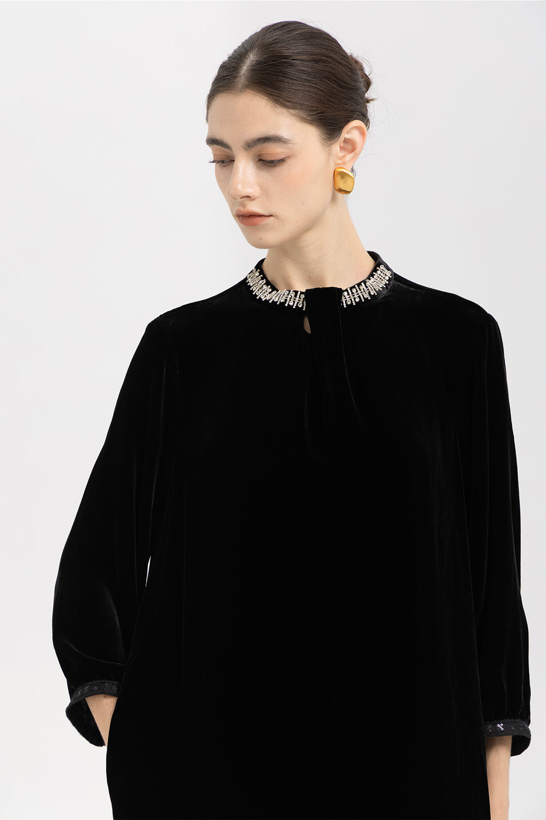 Leila Beaded Neck Velvet Midi Dress