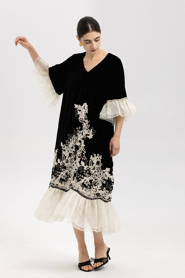 Elowen Embroidered Velvet Ruffle Hem Dress