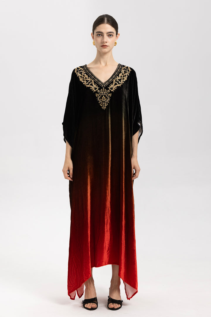 Celia Gradient Velvet Kaftan With Gold Embroidery