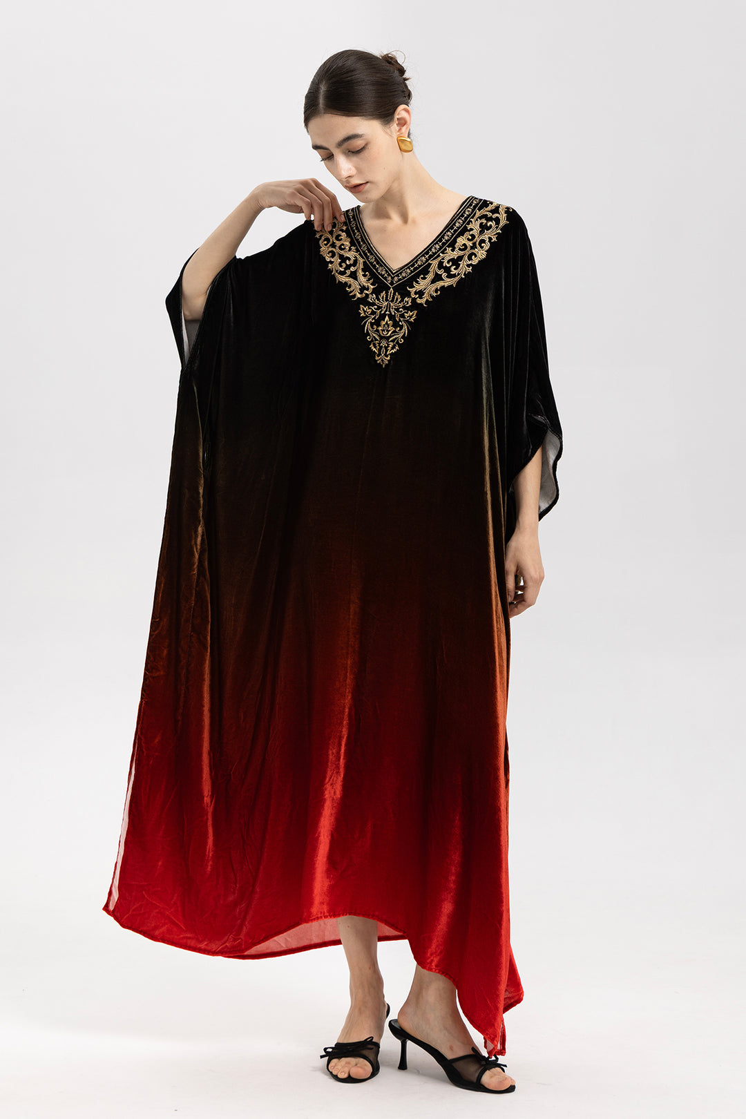 Celia Gradient Velvet Kaftan With Gold Embroidery