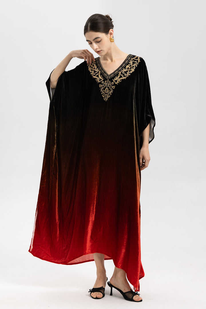 Celia Gradient Velvet Kaftan With Gold Embroidery