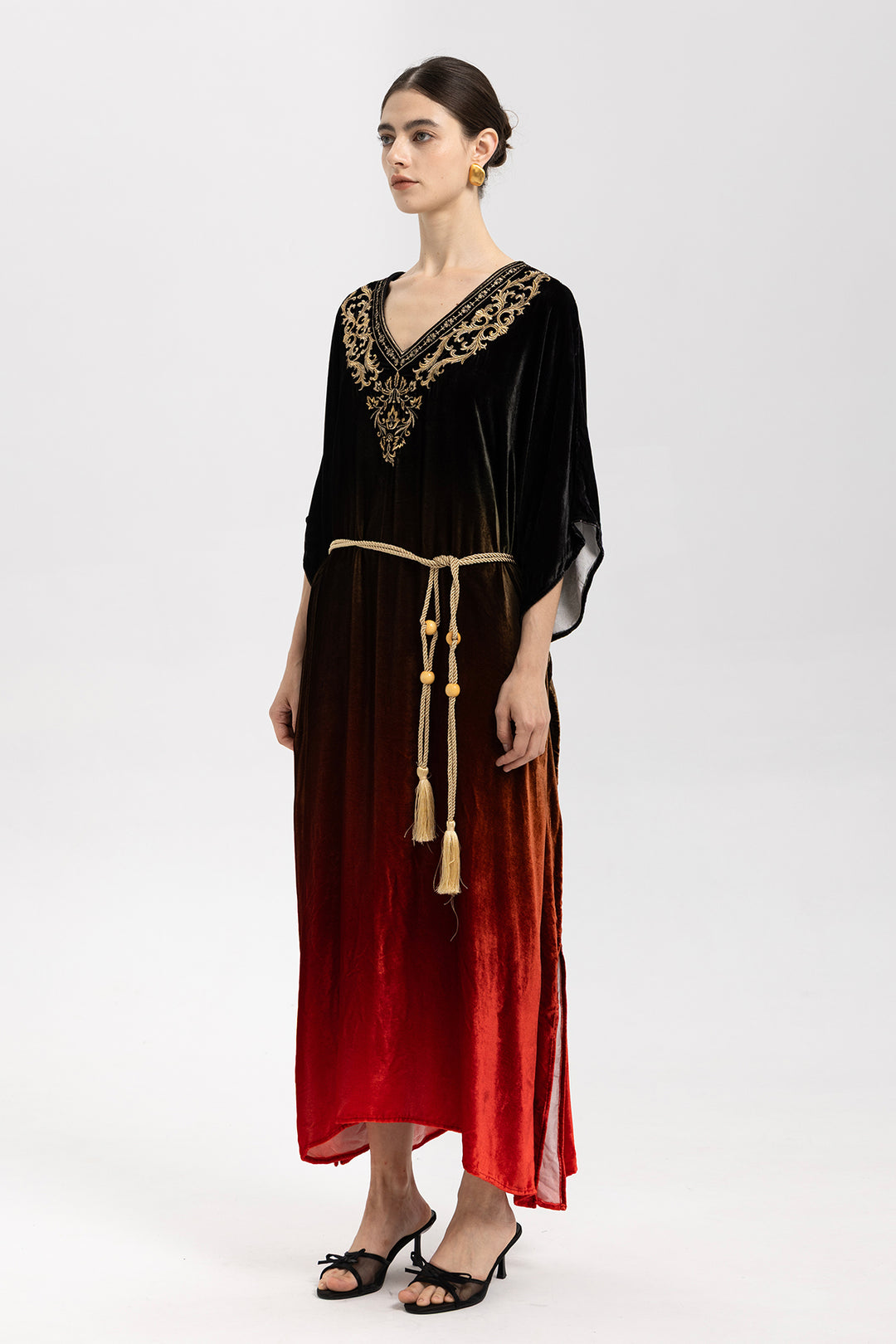 Celia Gradient Velvet Kaftan With Gold Embroidery