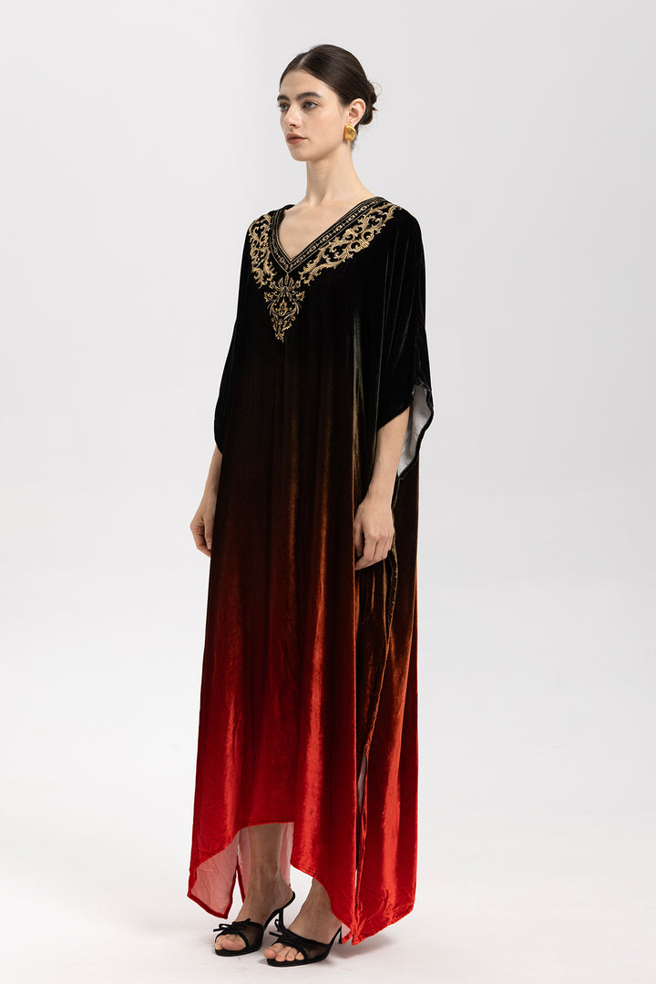 Celia Gradient Velvet Kaftan With Gold Embroidery