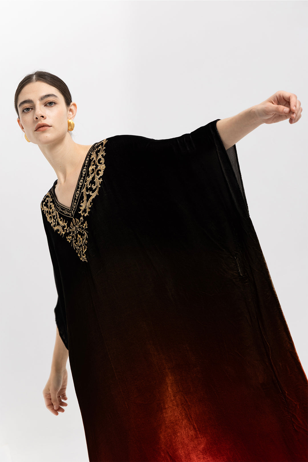 Celia Gradient Velvet Kaftan With Gold Embroidery