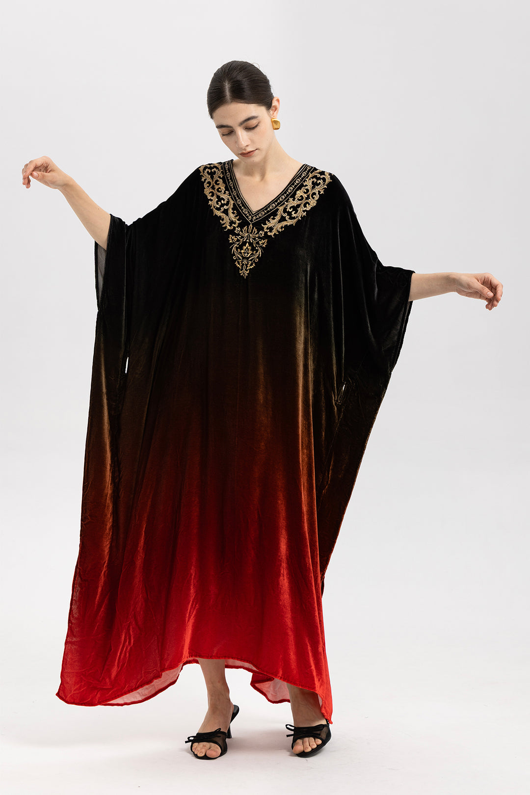 Celia Gradient Velvet Kaftan With Gold Embroidery