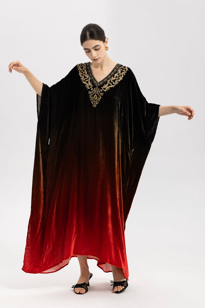 Celia Gradient Velvet Kaftan With Gold Embroidery