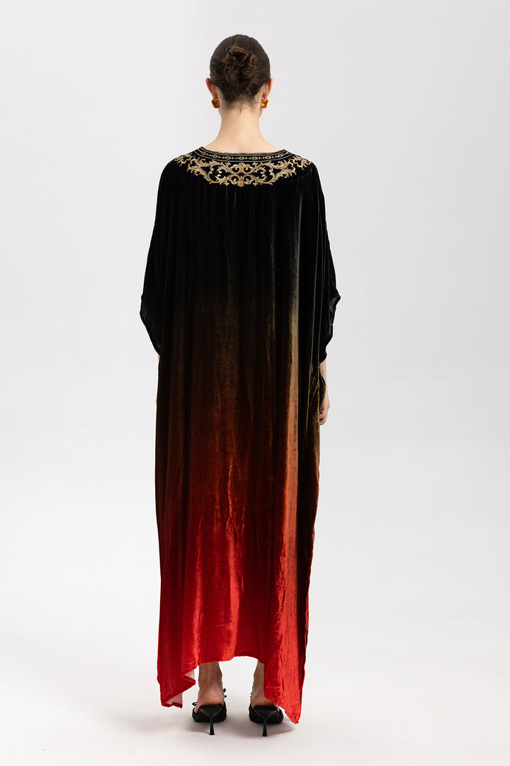Celia Gradient Velvet Kaftan With Gold Embroidery