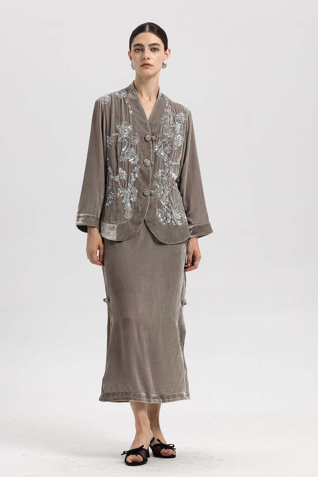 Sara Sequin Embellished Velvet Jacket & Skirt Set