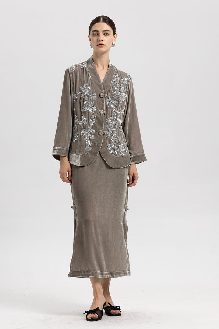 Sara Sequin Embellished Velvet Jacket & Skirt Set