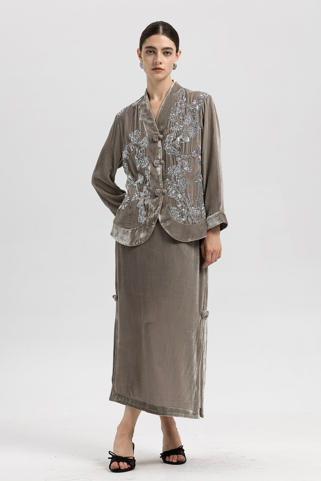 Sara Sequin Embellished Velvet Jacket & Skirt Set