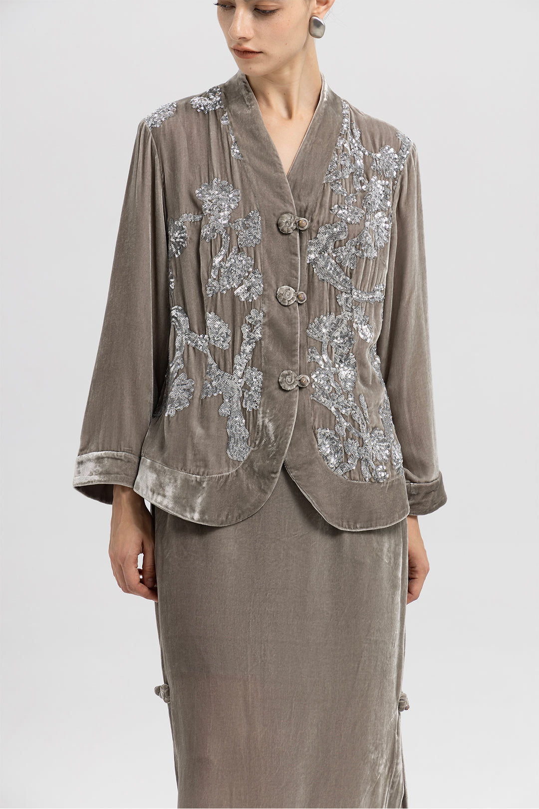 Sara Sequin Embellished Velvet Jacket & Skirt Set