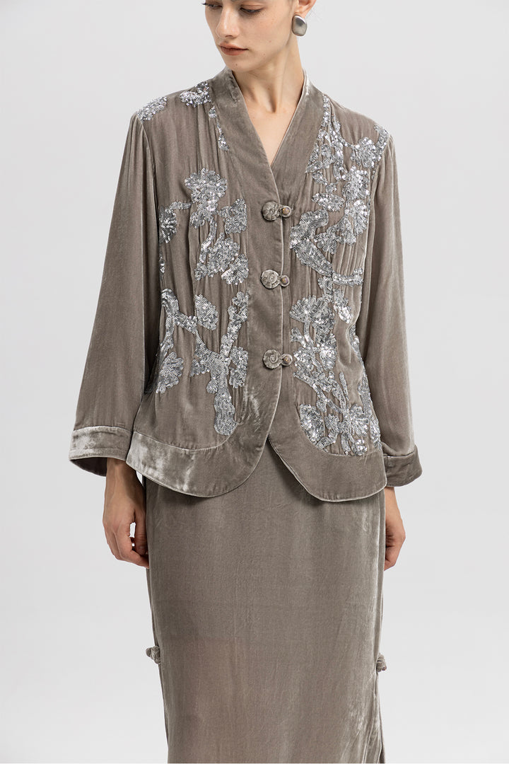 Sara Sequin Embellished Velvet Jacket & Skirt Set