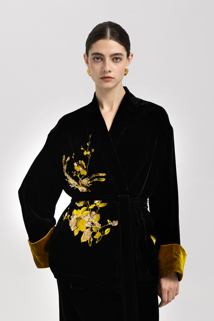 Aurelia Golden Sequin Velvet Belted Jacket
