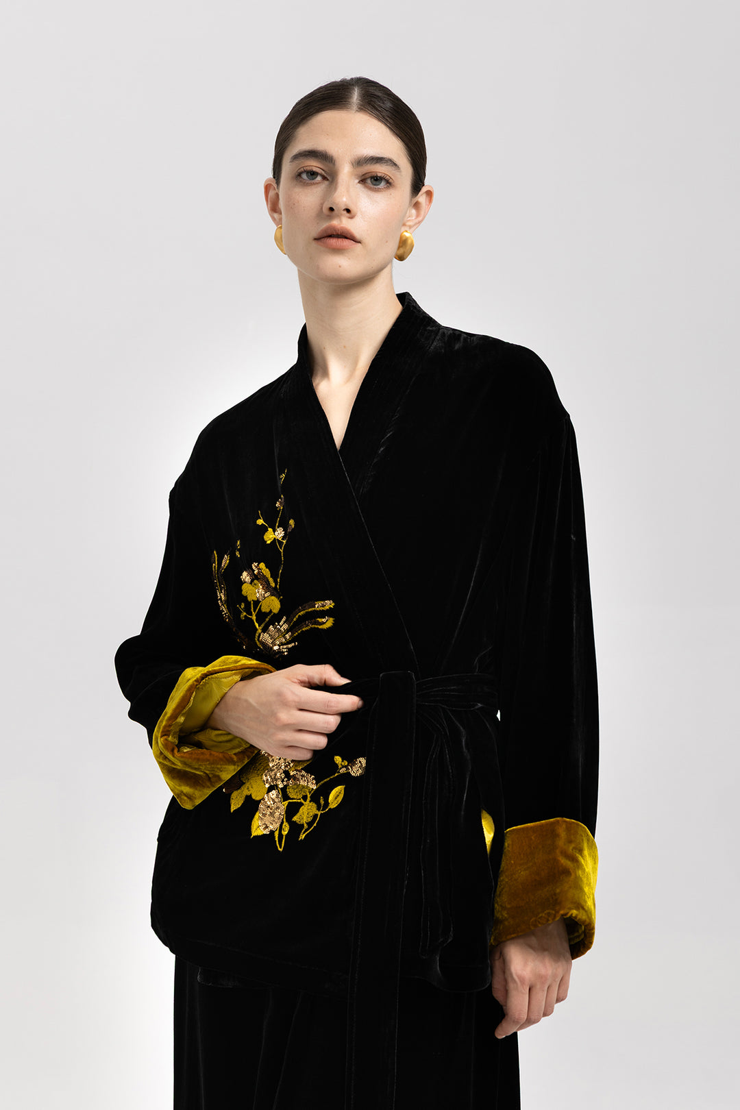 Aurelia Golden Sequin Velvet Belted Jacket