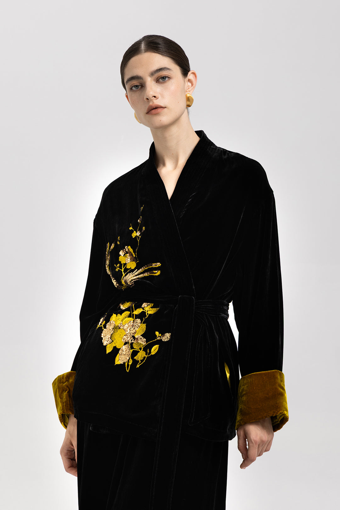 Aurelia Golden Sequin Velvet Belted Jacket