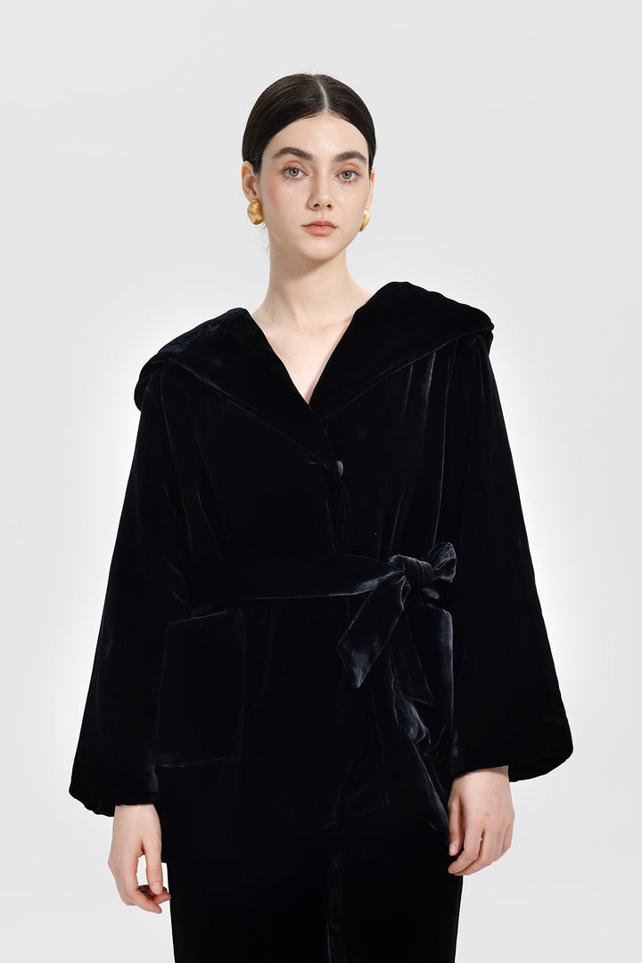 Elara Velvet Kimono Hooded Coat