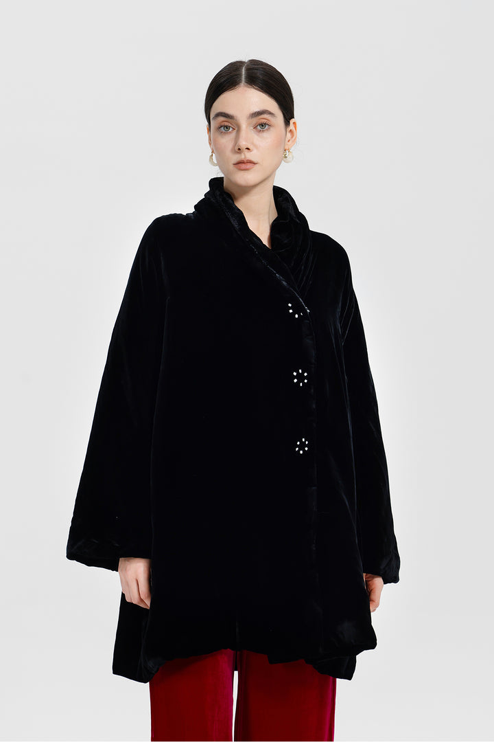 Adele Wrap Velvet Coat with Curved Collar