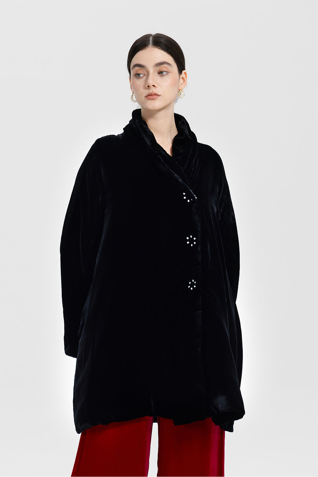 Adele Wrap Velvet Coat with Curved Collar