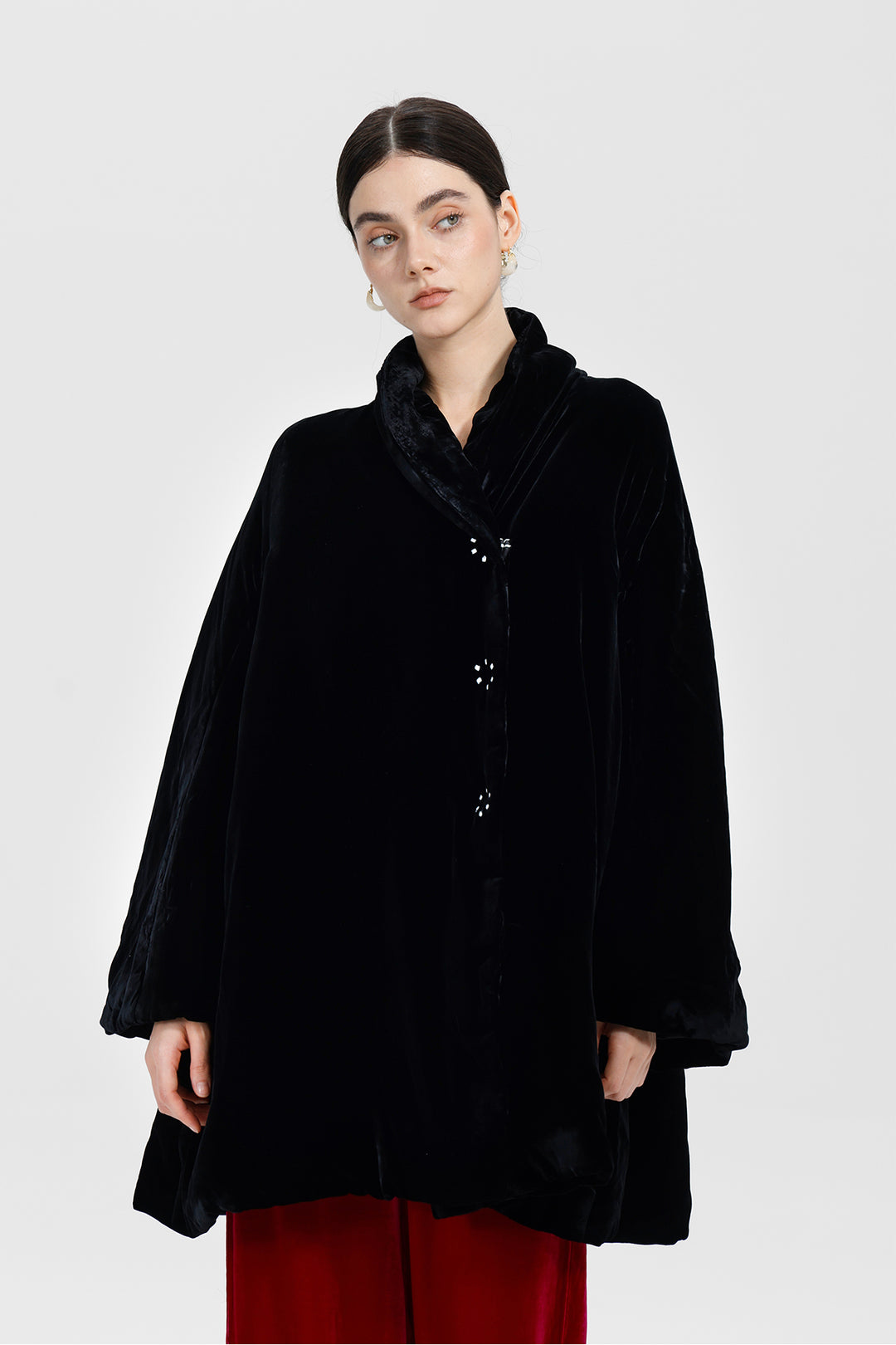 Adele Wrap Velvet Coat with Curved Collar