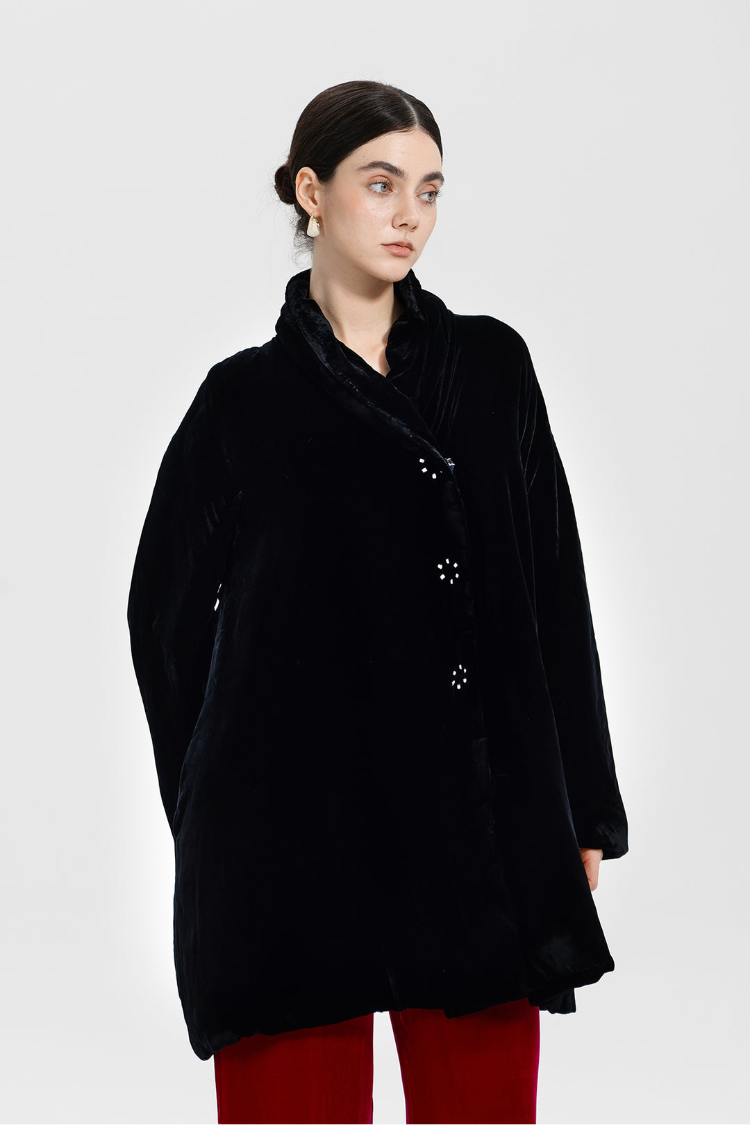 Adele Wrap Velvet Coat with Curved Collar