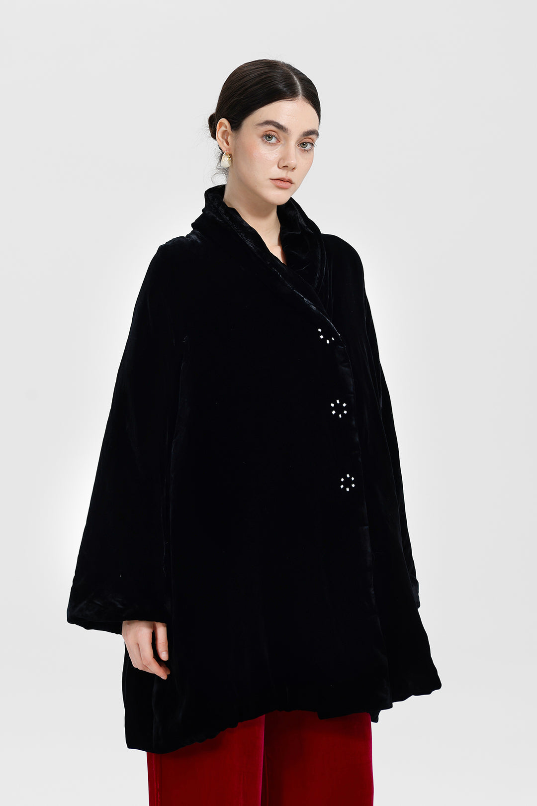 Adele Wrap Velvet Coat with Curved Collar
