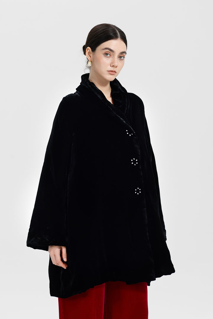 Adele Wrap Velvet Coat with Curved Collar