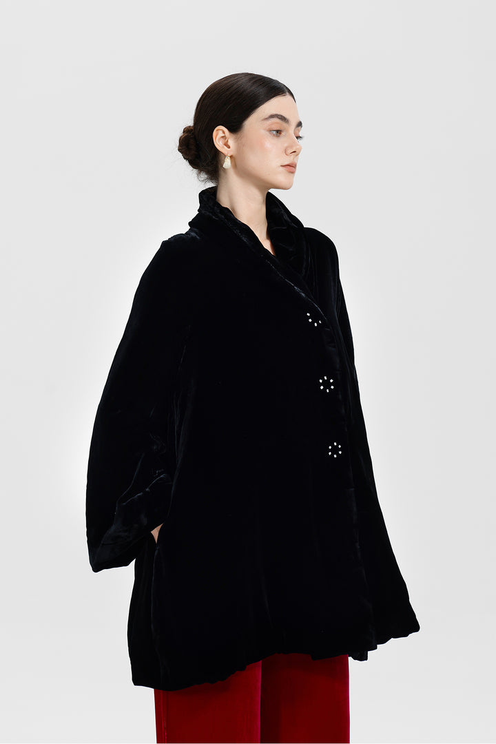 Adele Wrap Velvet Coat with Curved Collar
