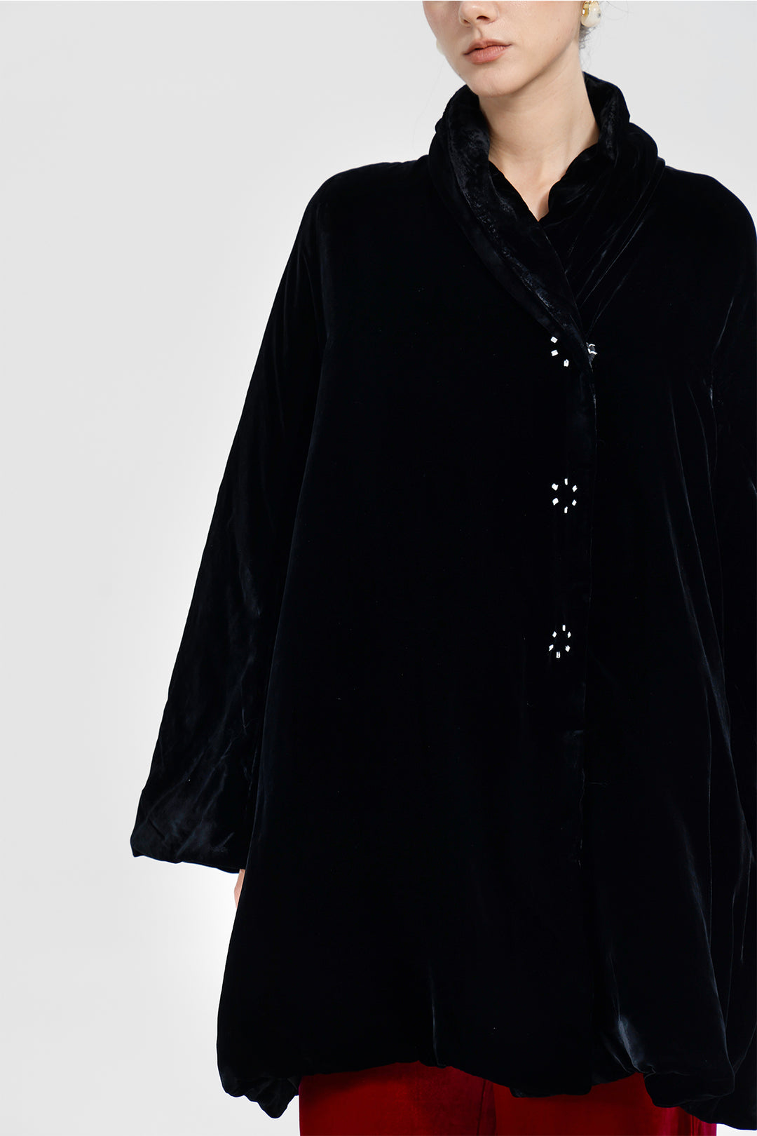 Adele Wrap Velvet Coat with Curved Collar