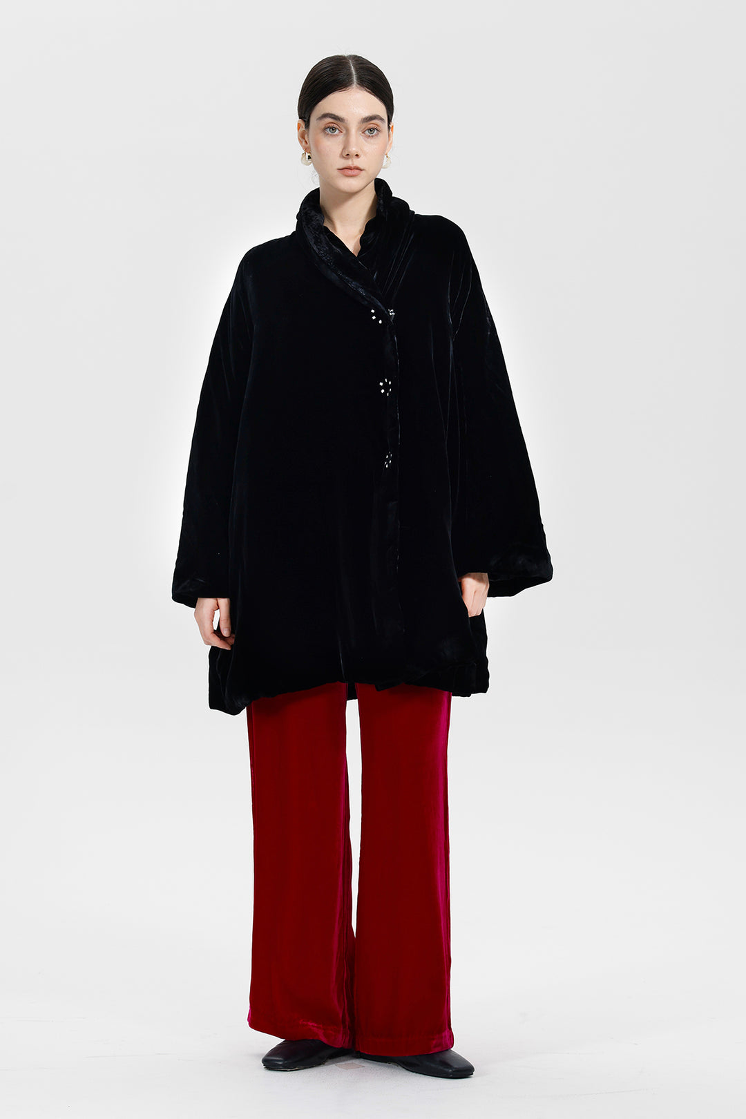 Adele Wrap Velvet Coat with Curved Collar