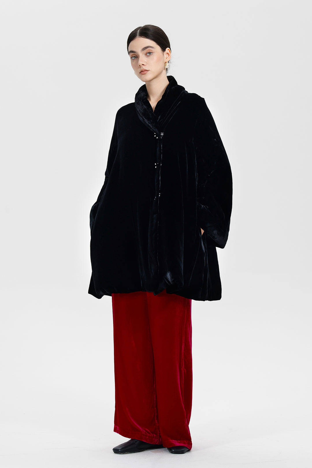 Adele Wrap Velvet Coat with Curved Collar