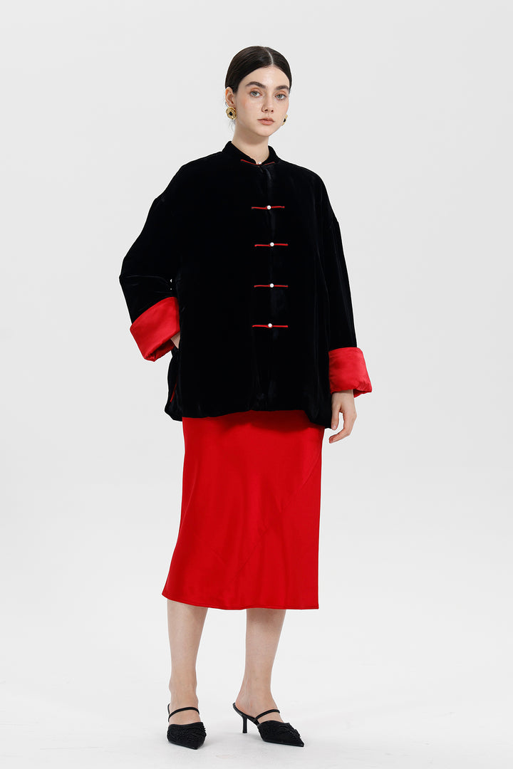 Kaia Mandarin Collar Buttoned Velvet Suit