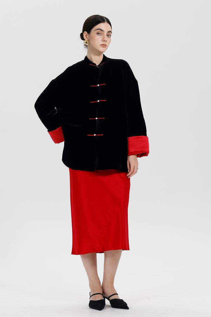 Kaia Mandarin Collar Buttoned Velvet Suit