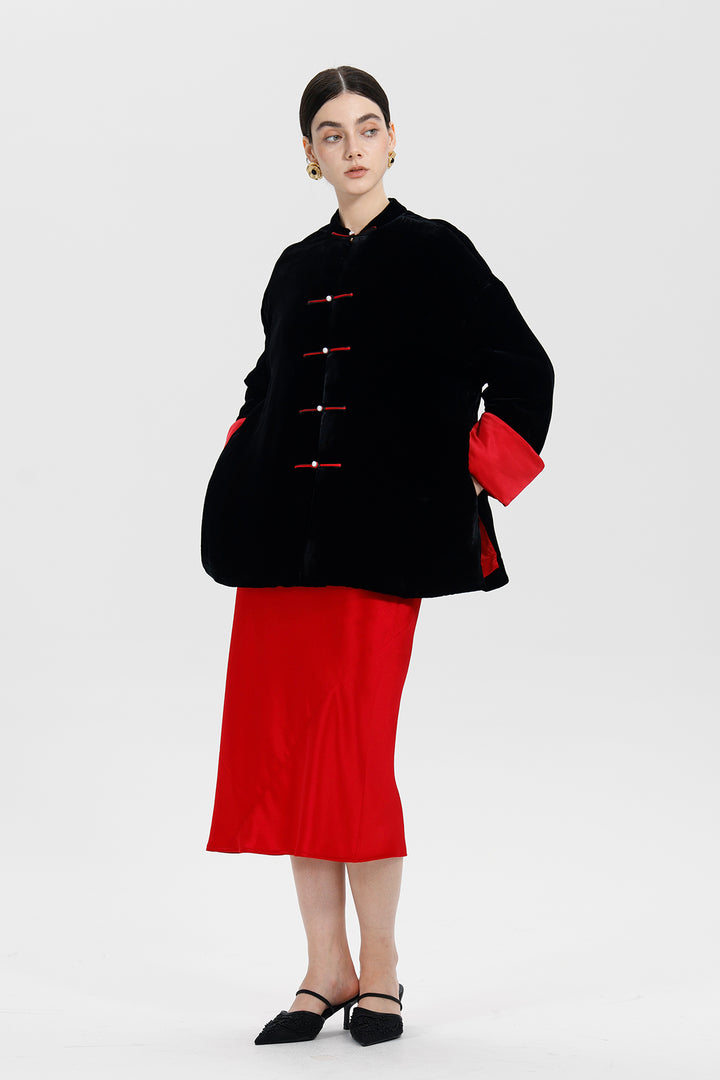 Kaia Mandarin Collar Buttoned Velvet Suit