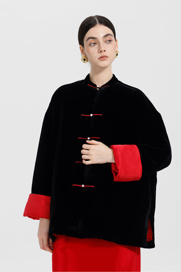 Kaia Mandarin Collar Buttoned Velvet Suit