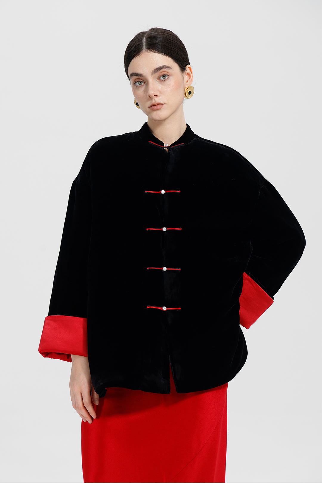 Kaia Mandarin Collar Buttoned Velvet Suit