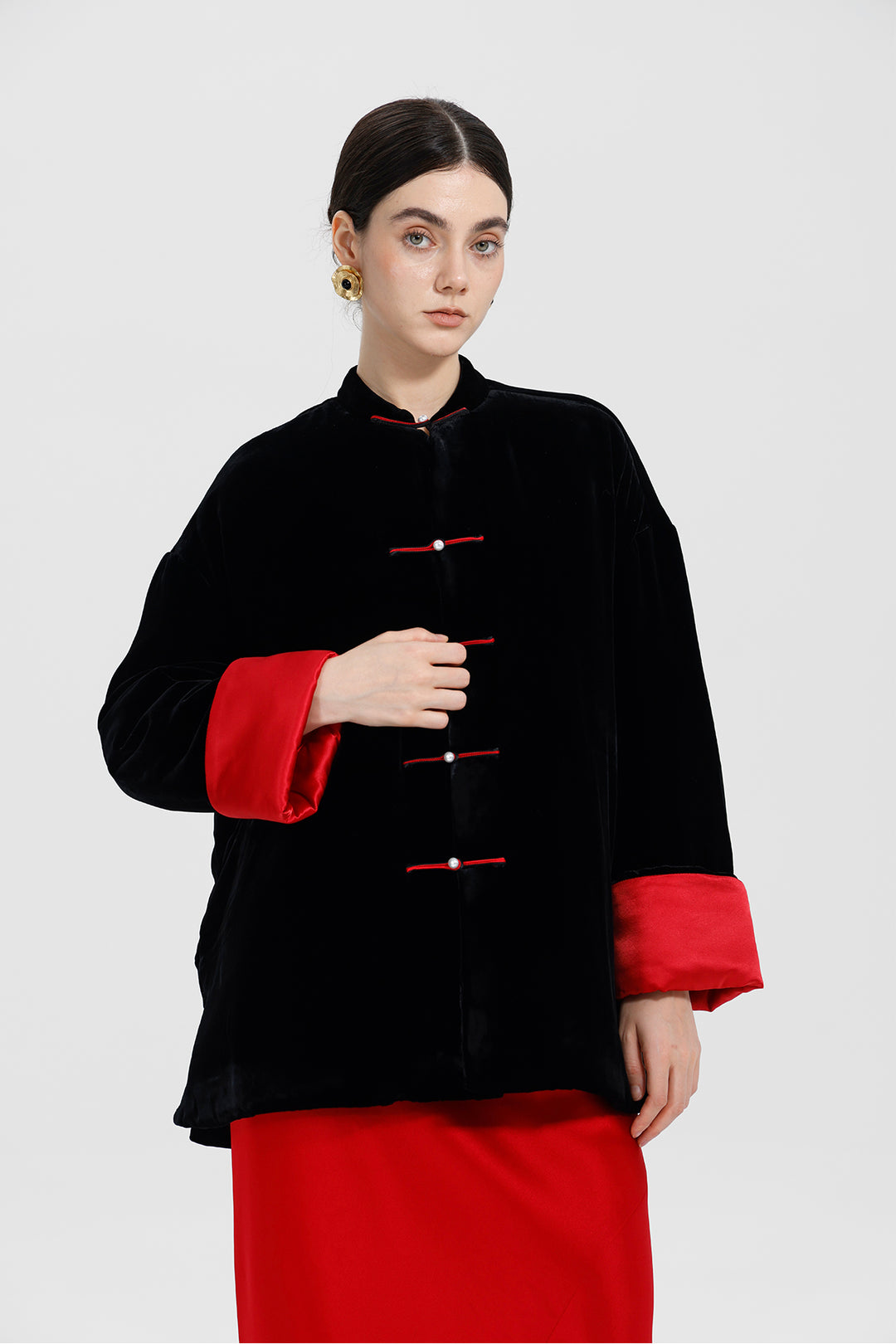 Kaia Mandarin Collar Buttoned Velvet Suit