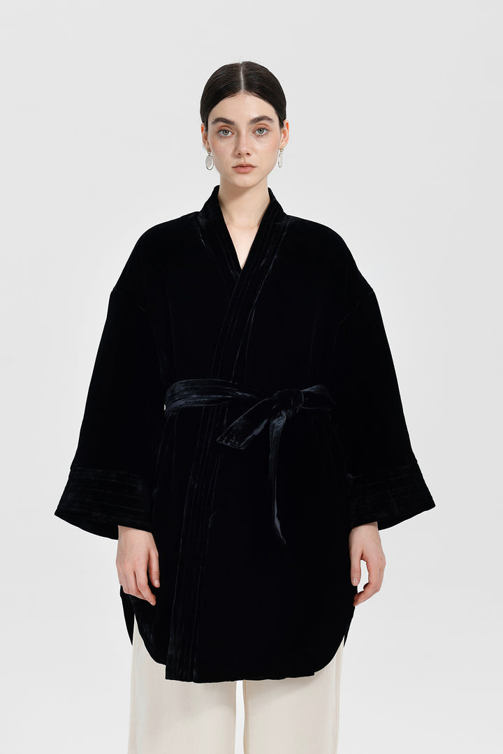 Amara Relaxed Velvet Kimono Wrap Coat