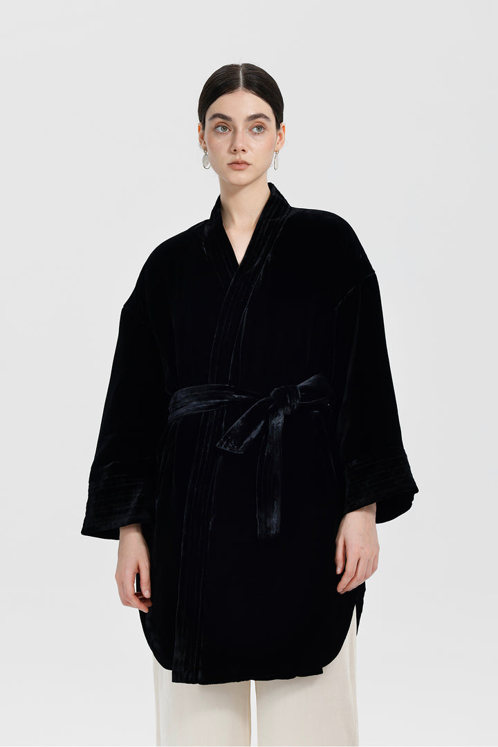 Amara Relaxed Velvet Kimono Wrap Coat